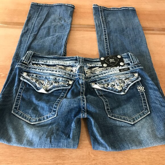 Miss Me Bootcut Jeans Women 31 Blue Low Rise Rhinestone Flap Pocket Thick Stitch - Picture 1 of 16